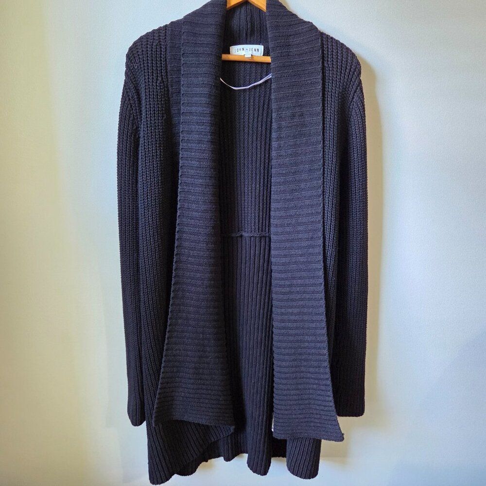 EUC LIKE NEW JOHN + JENN BLACK LONG LINE LAPEL 100% COTTON SWEATER CARDIGAN M